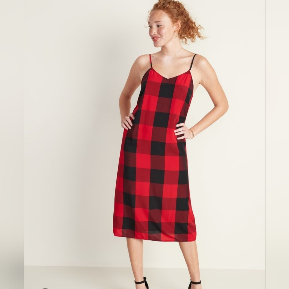 Old Navy Red & Black Plaid Sleeveless Midi Slip Dress Size Medium
